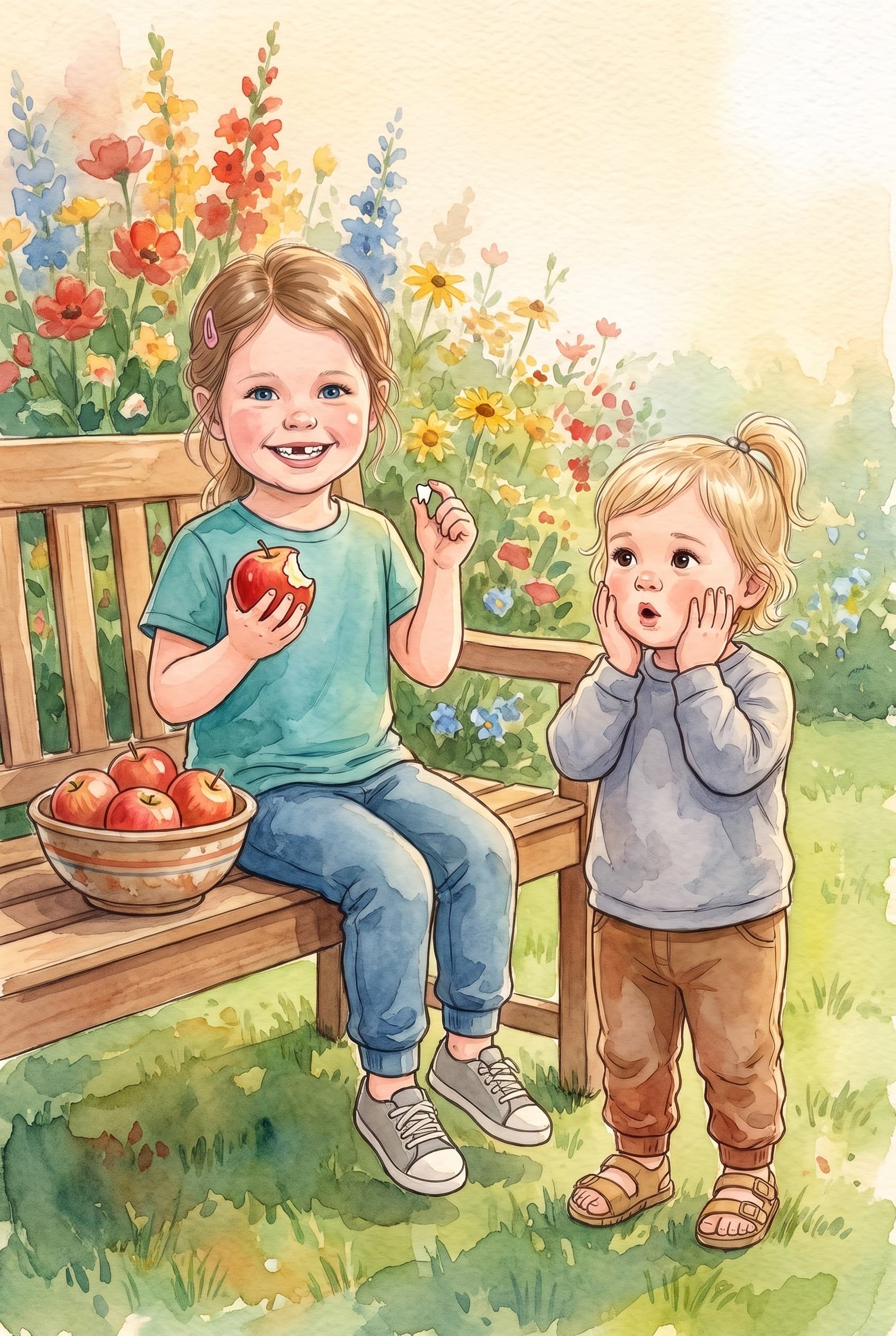 A watercolour storybook page: a girl on a garden bench holding a bitten red apple and her tiny tooth, grinning to show the gap, her little sister amazed beside her