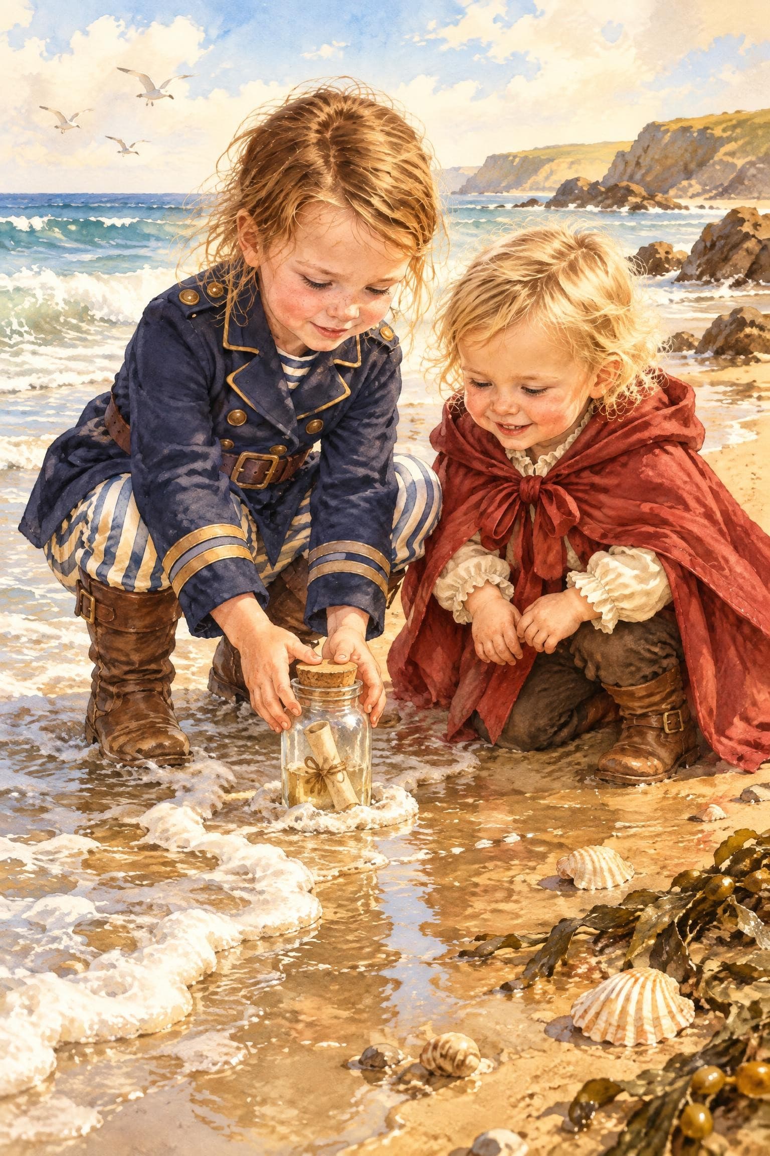 A painted storybook page: two girls crouching at the water's edge over a glass jar with a rolled-up map inside