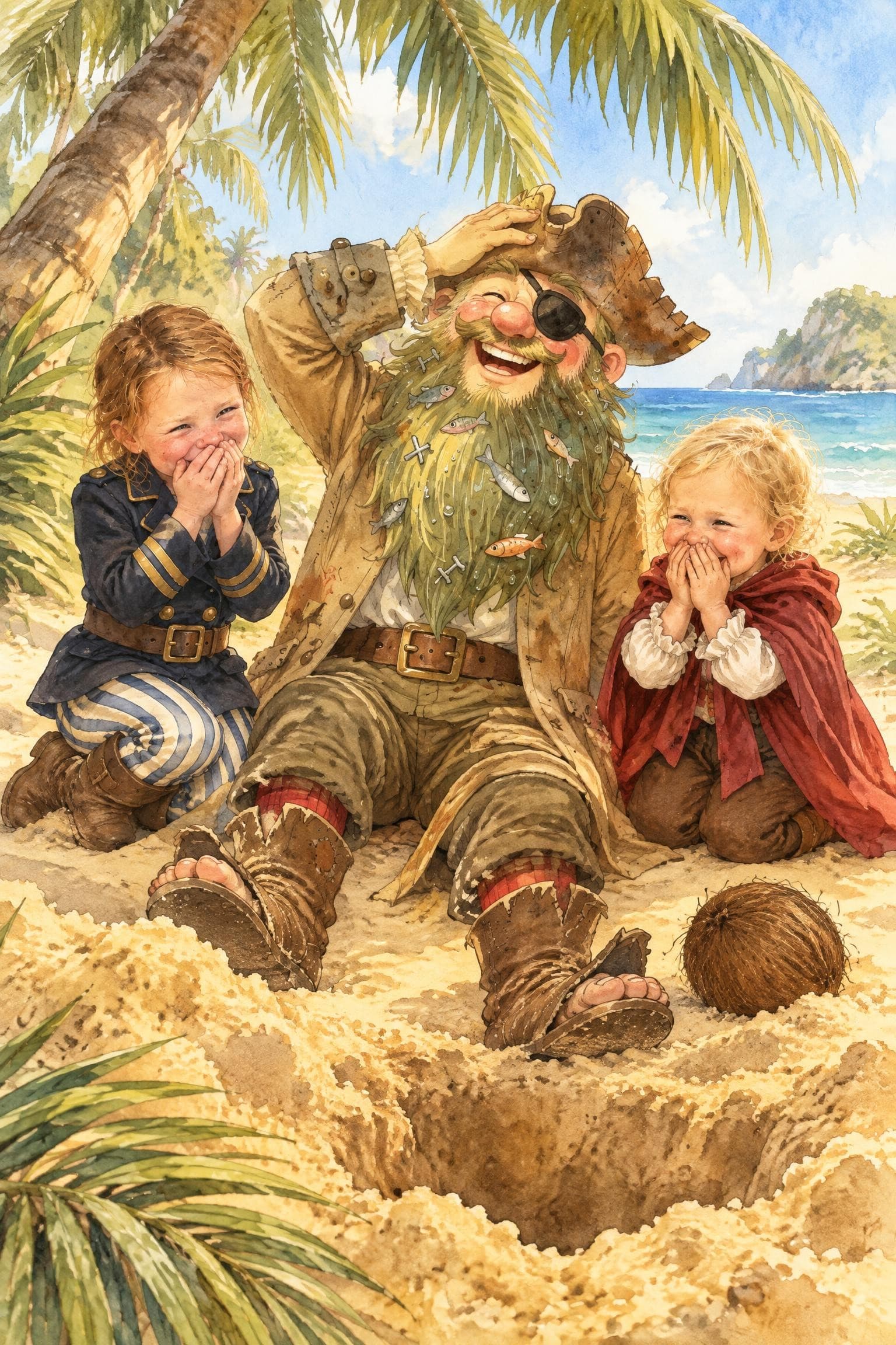 A painted storybook page: a pirate sitting in the sand holding his head beside a coconut, two girls giggling behind their hands