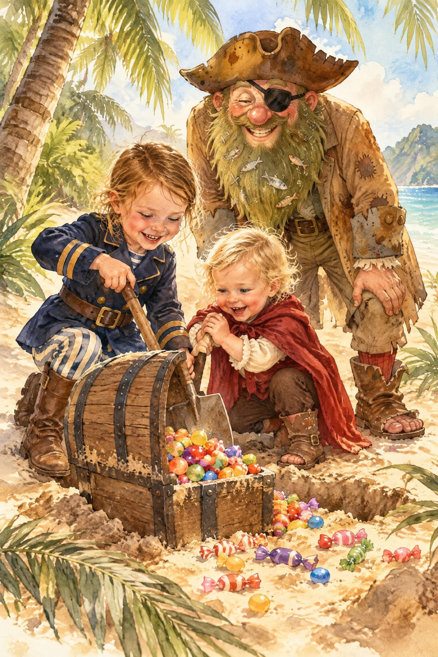 A painted storybook page: two girls prising open a treasure chest full of sweets with a spade, the pirate watching