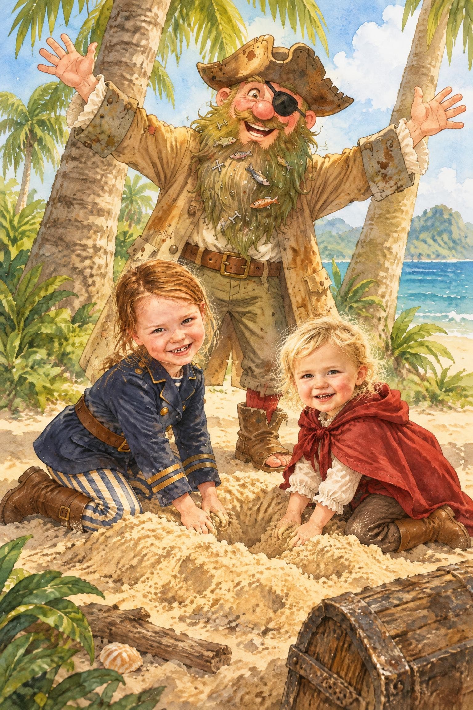 A painted storybook page: a scruffy, smiling pirate with a green beard throwing his arms up among palm trees behind two girls digging in the sand