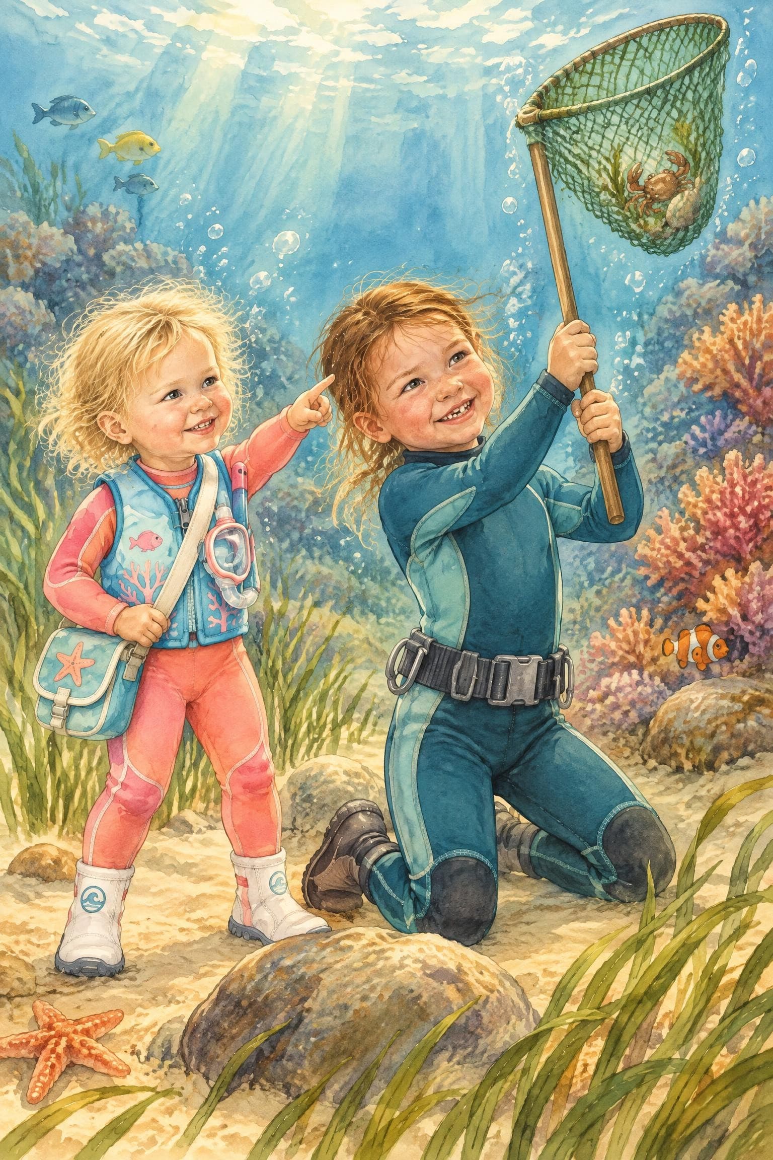 A painted storybook page: a girl kneeling on the sea floor holding up a long-handled net, her little sister pointing at it