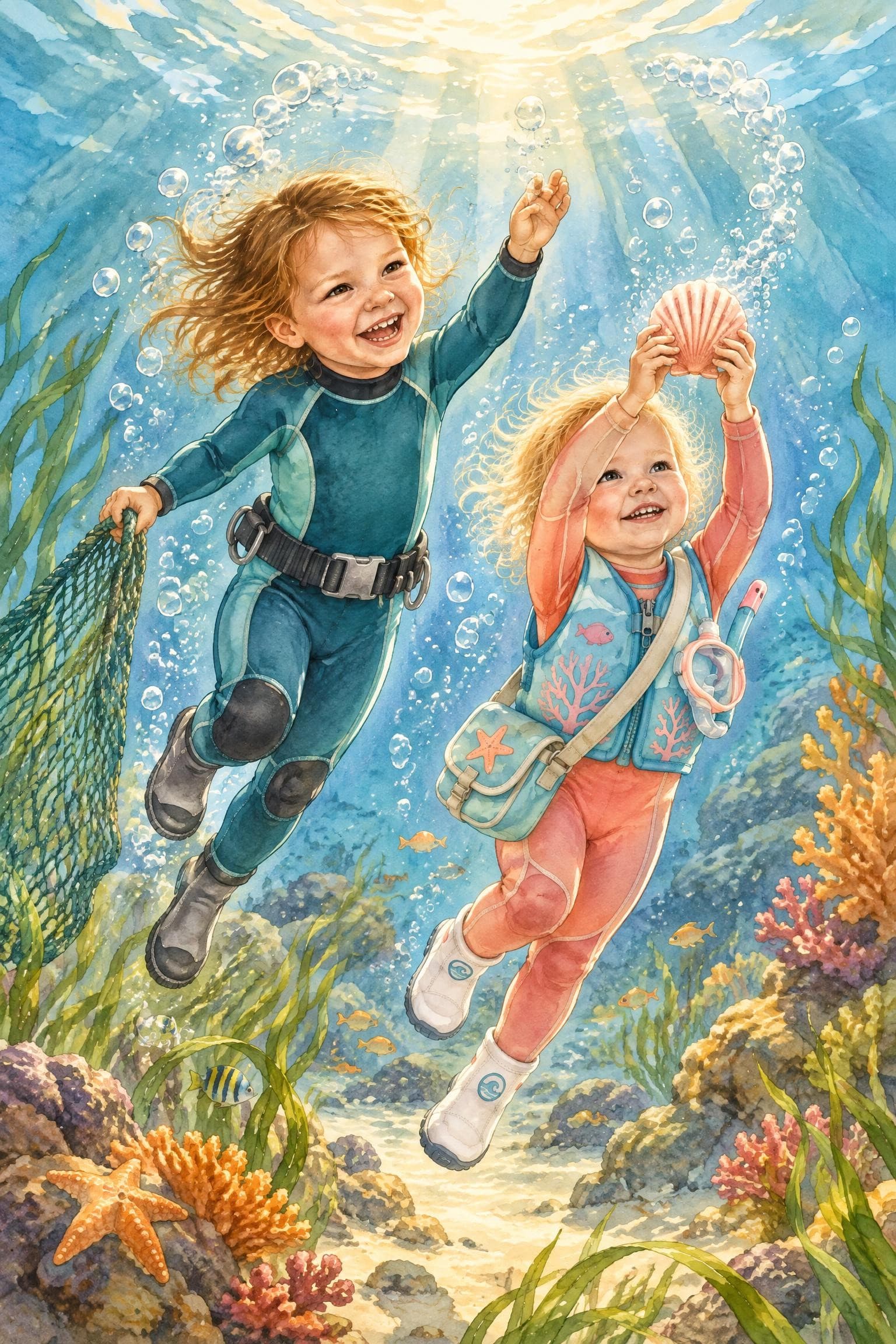 A painted storybook page: two girls swimming up through the bubbles, smiling, one holding up a pink shell