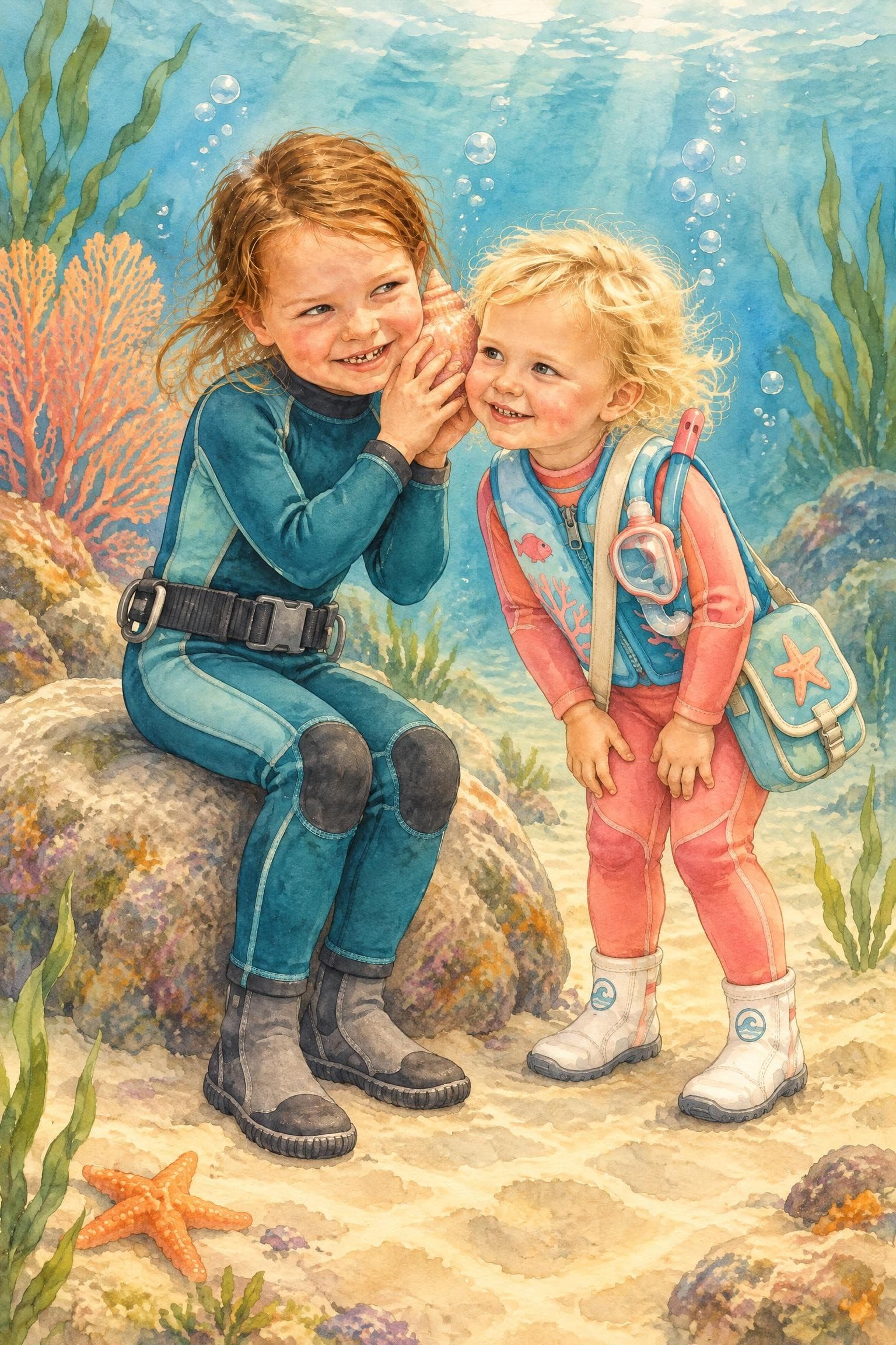 A painted storybook page: two girls in diving suits on the sandy sea floor, one holding a big pink shell to her ear and the other leaning in to listen