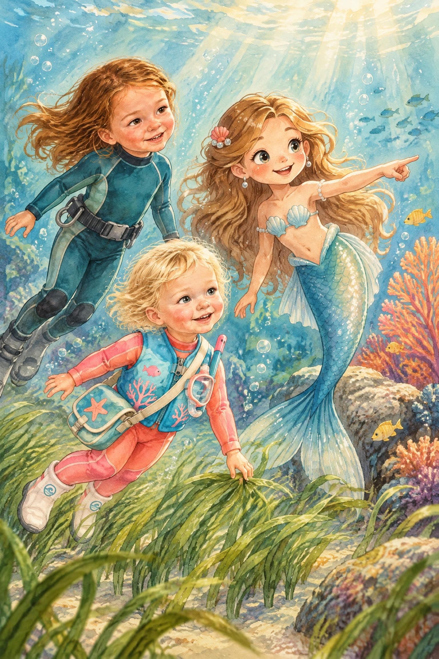 A painted storybook page: two girls swimming over sea grass beside a smiling mermaid pointing across the reef