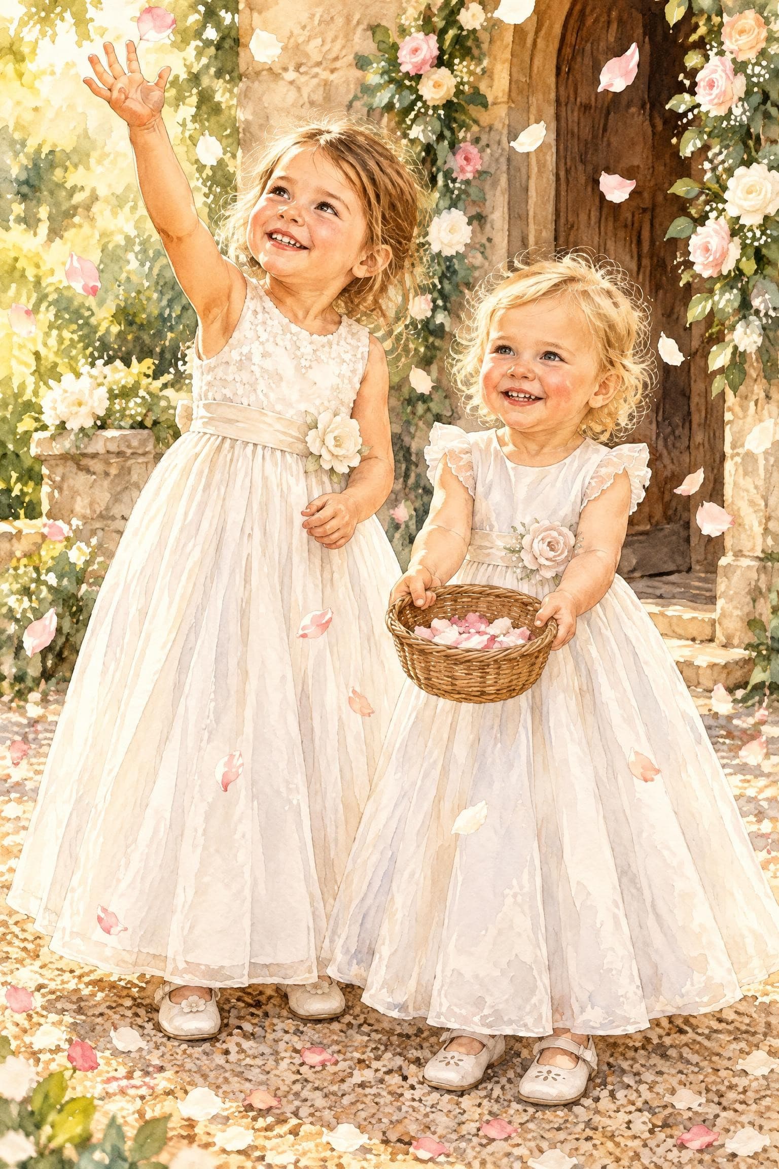 A painted storybook page: two flower girls in white dresses outside the venue, one reaching up to catch falling petals