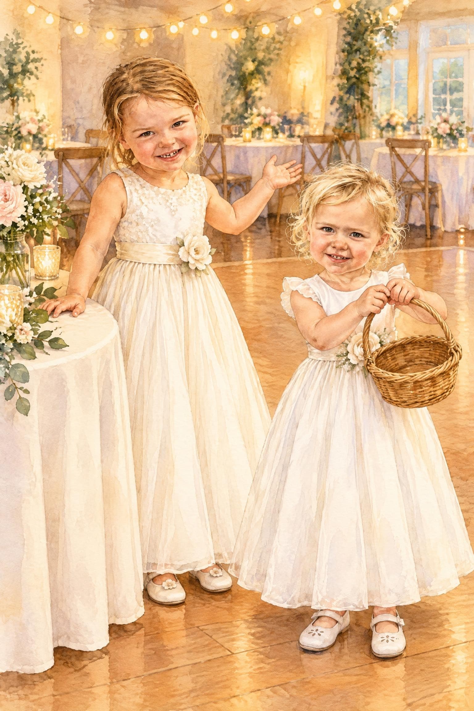 A painted storybook page: two flower girls in white dresses at a party with tables and fairy lights, one holding up her empty basket