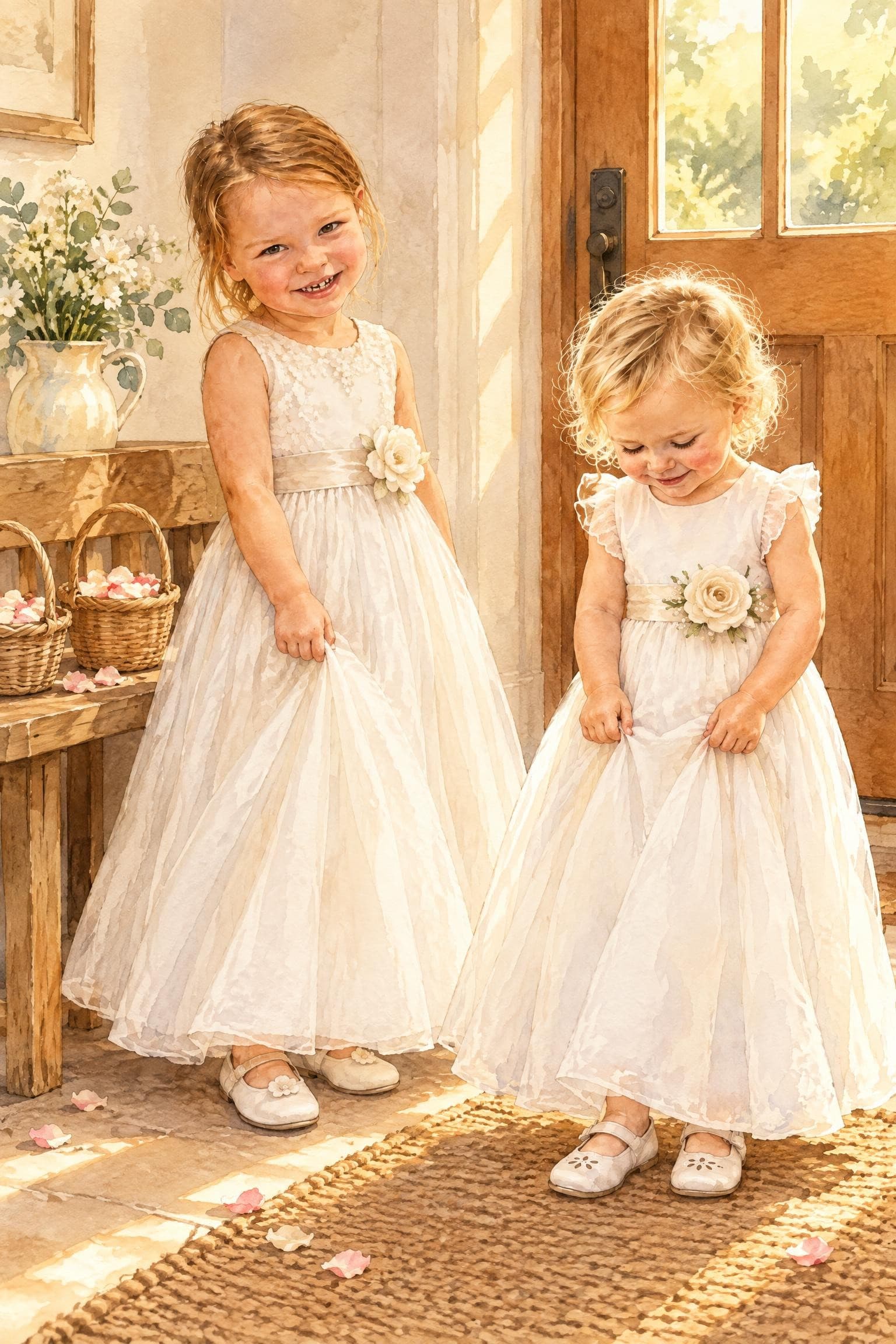 A painted storybook page: two flower girls in long white dresses by the front door, small baskets of petals on a bench beside them