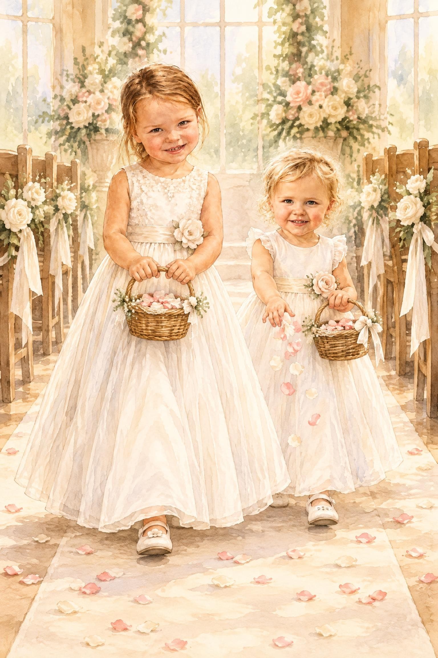 A painted storybook page: two flower girls in white dresses walking down an aisle with baskets, petals on the floor behind them